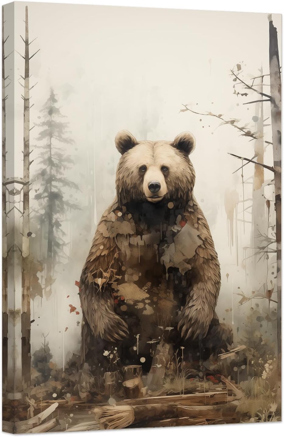 ZHOUWALLPIC Grizzly bear Canvas Wall Art Wild Grizzly Bear in the Forest Wall Art Poster Bear Wall Pictures for Home Decor Framed Bear Contemporary Picture Prints for Office(Bear 16 * 24inch) Bear 24"L x 16"W