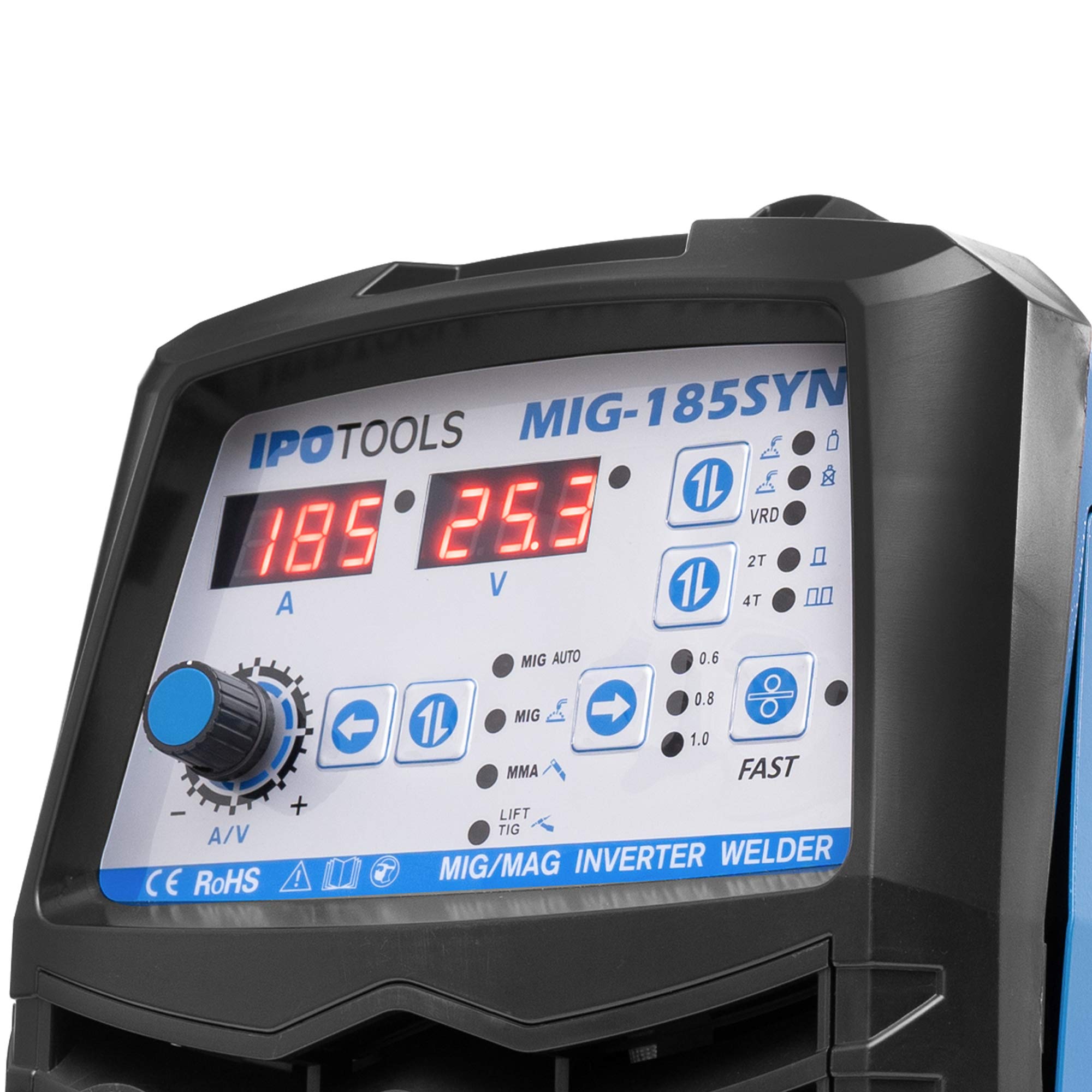 IPOTOOLS Spawarka MIG-185SYN MIG MAG – spawarka gazowa ochronna, 185 amperów, funkcja synergiczna, drut wypełniający i elektrody, E-Hand/cyfrowy wyświetlacz, IGBT / 230 V / 7 lat