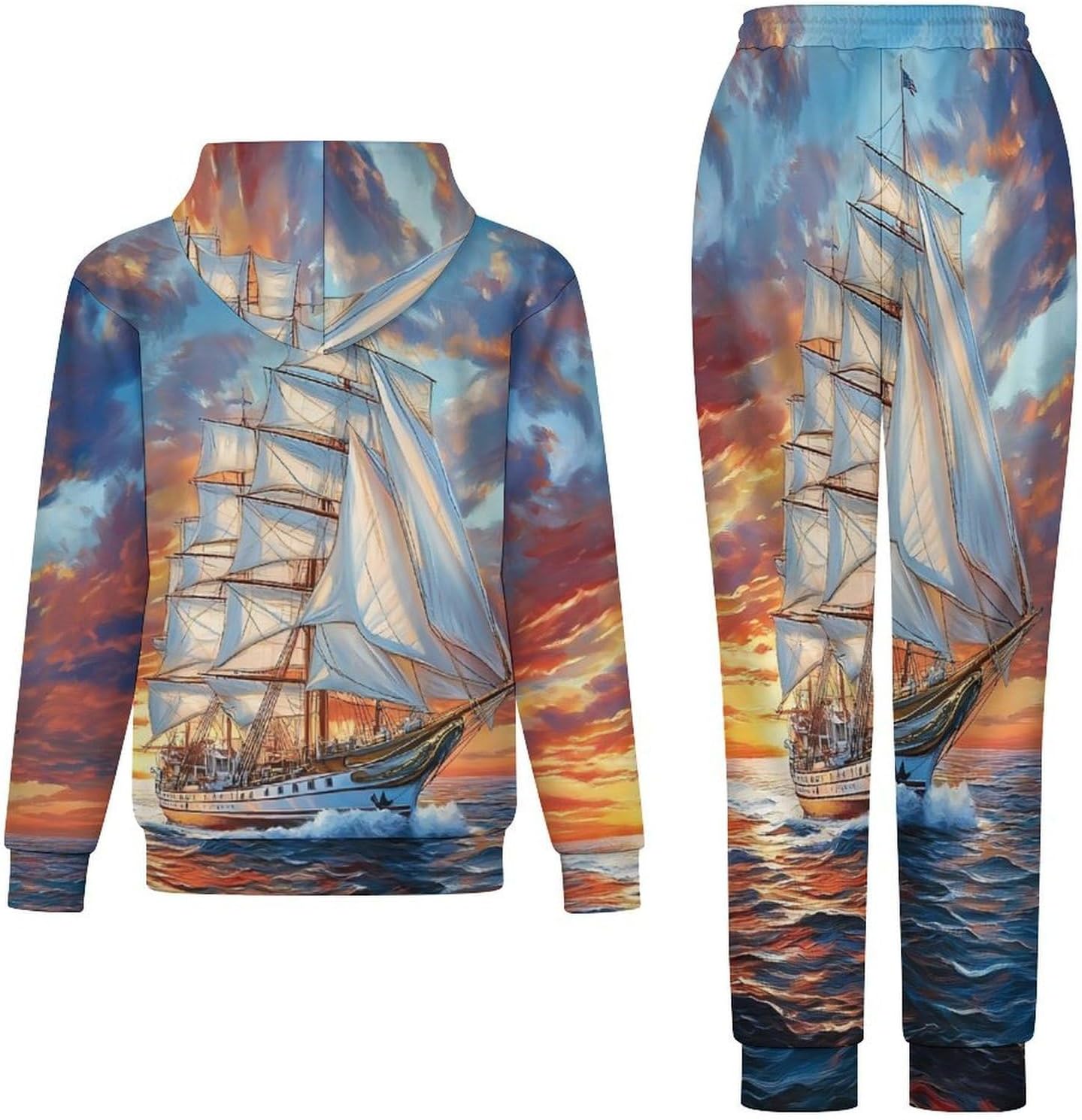 Sunset Sailboat Men's Hooded Set Casual 2 Pieces Suits Pullover Tracksuit Hoodies And Sweatpants