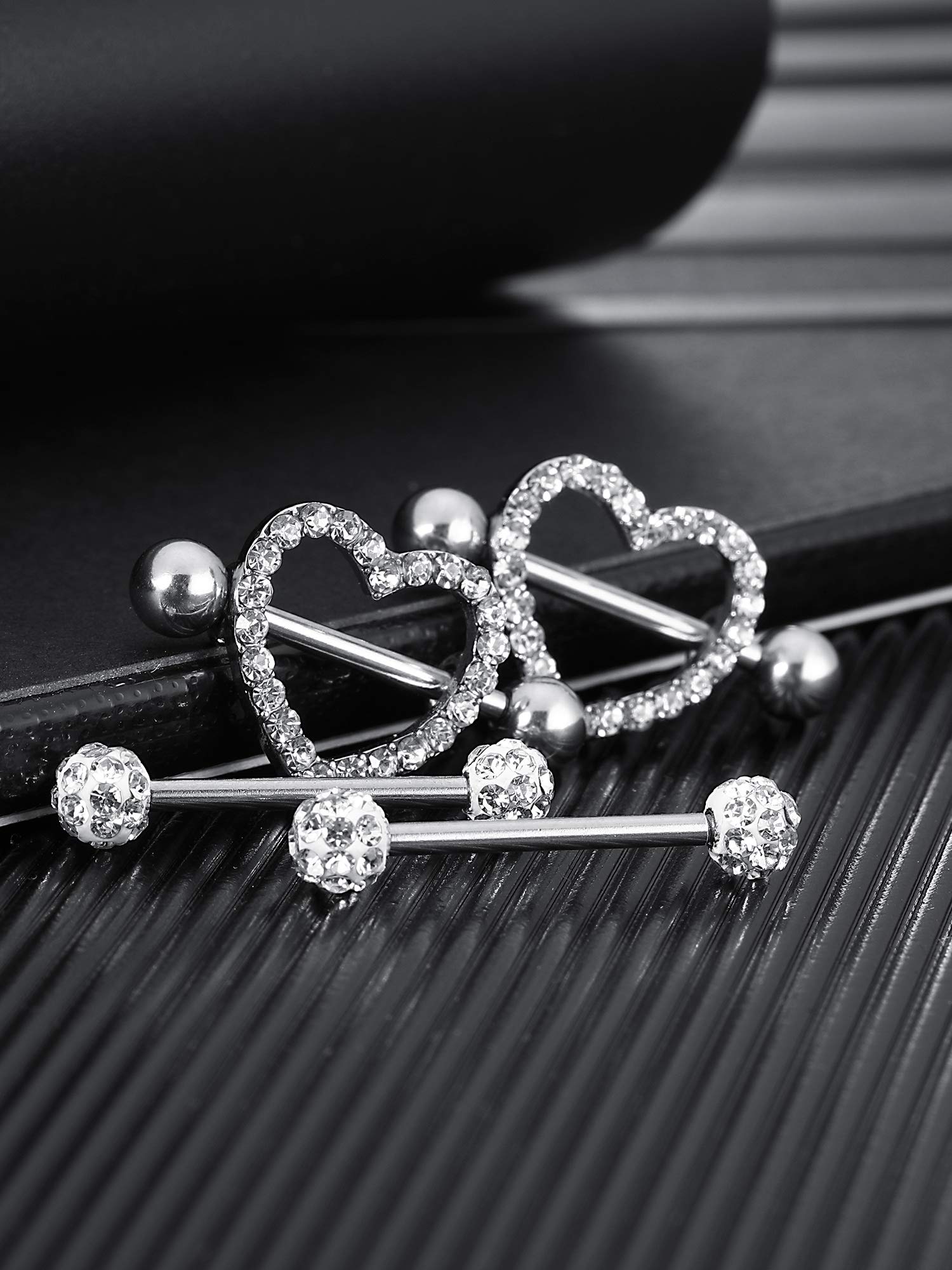 2 pares de anillos de pezón de acero inoxidable con circonita cúbica con diamantes de imitación para pezón, piercing corporal, 14 G, Acero inoxidable y diamantes de imitación 7