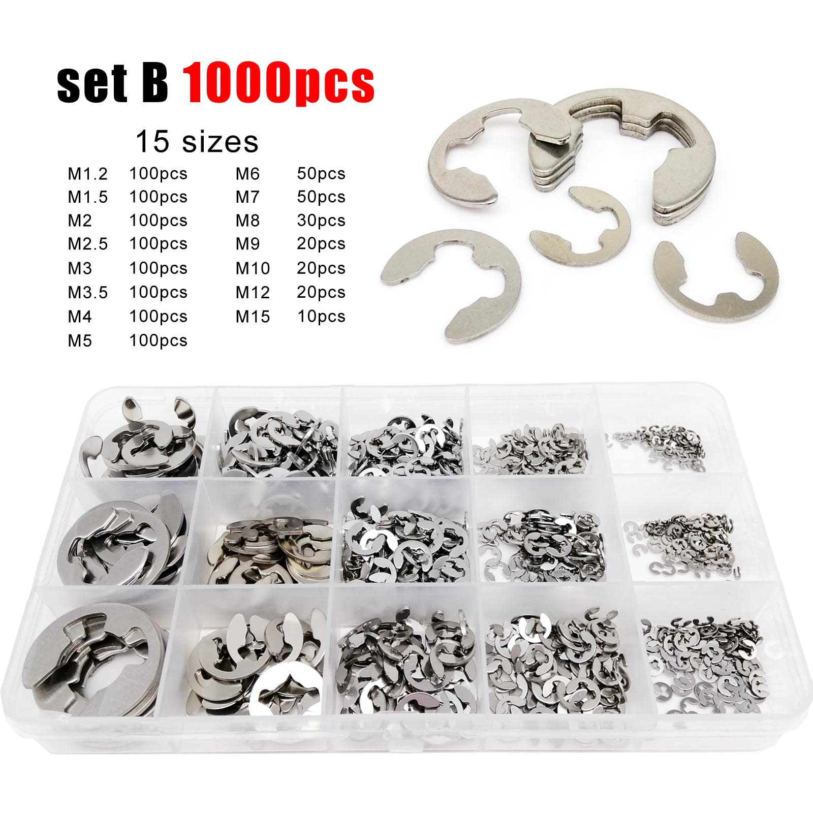 Kit Surtido de 580/1000 Piezas, Caja de M1.2 a M15, Anillo de retención Externo de Acero Inoxidable 304, Clip E, arandela de retención for Eje(Set B 1000pcs)