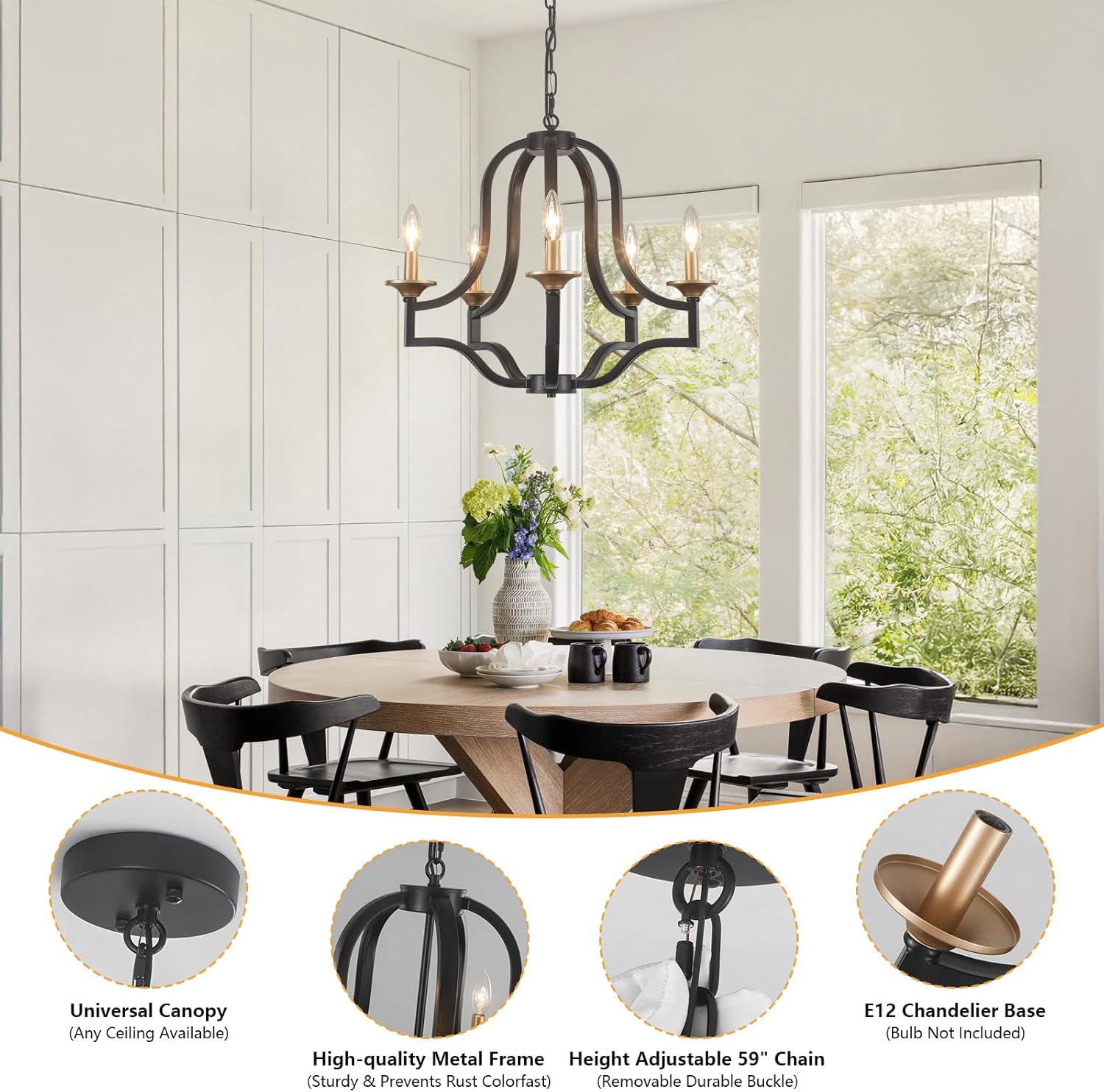 Black and Gold Chandelier Light, Modern Farmhouse Chandeliers for Dining Room Light Fixture, Foyer Lighting Fixtures Rustic Kitchen Chandelier for Entryway Living Room Bedroom Hallway