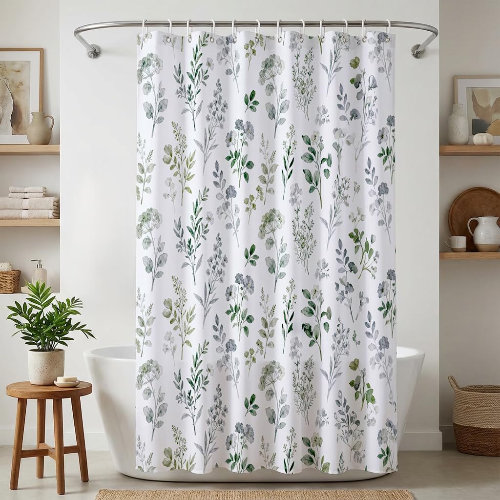 Watercolor Forest Bath Curtain with Botanical Design | Light Wash Foliage & Floral Water-Resistant Polyester Shower Curtain | 72×72 Inches Fresh Bathroom Decor | Bathroom Partition Screen