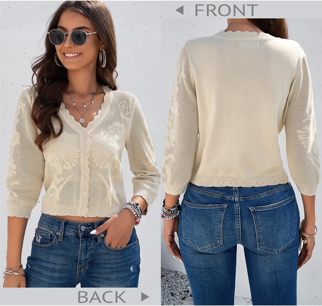 Kate Kasin Women's Cropped Cardigan Sweaters Trendy Lightweight 3/4 Sleeve Button Down Crochet Textured Shrugs Top - Image 5