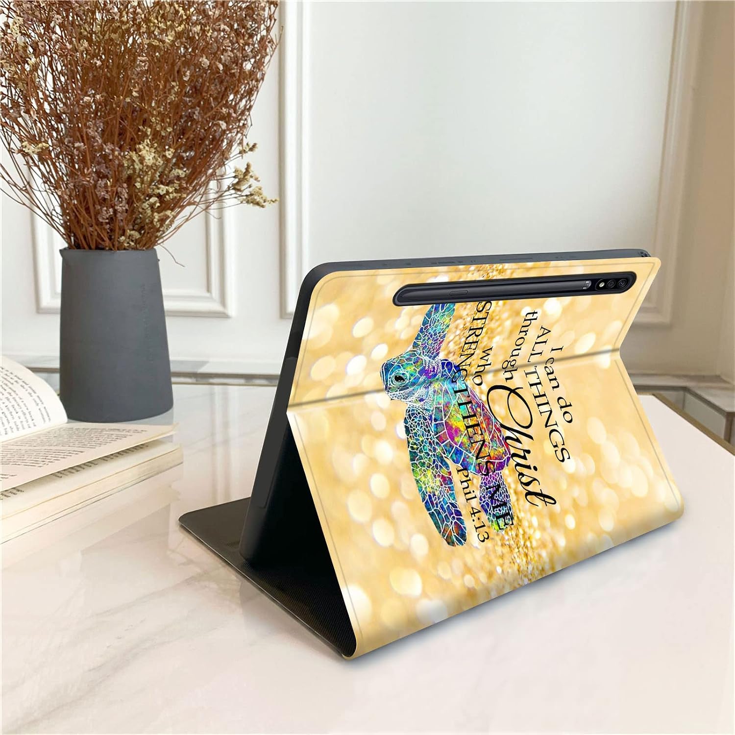 Case for Samsung Galaxy Tab S7 FE 2021/Galaxy Tab S8 Plus 2022/Tab S8+/S7 Plus 2020 12.4 inch,PU Leather Folding Stand Protective Tablet Cover with Auto Wake/Sleep (Yellow Shining Turtle)