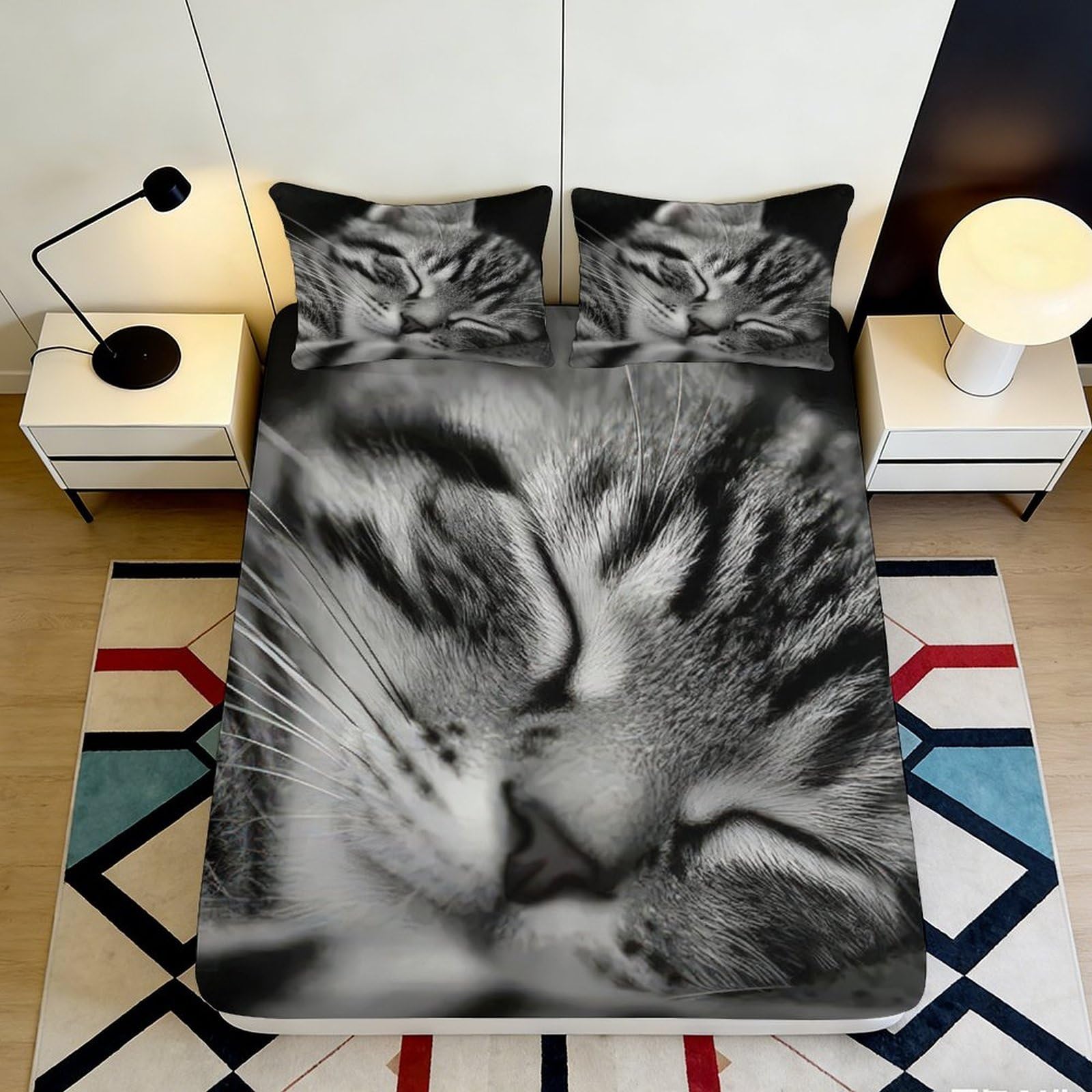 Pnayamiorkfel Style-10 3D Printed Sleeping Cat Fitted Sheet Microfiber Soft Breathable Tabby Cat Bed Cover For Bedroom Dorm Decor Protection 90X200x25cm