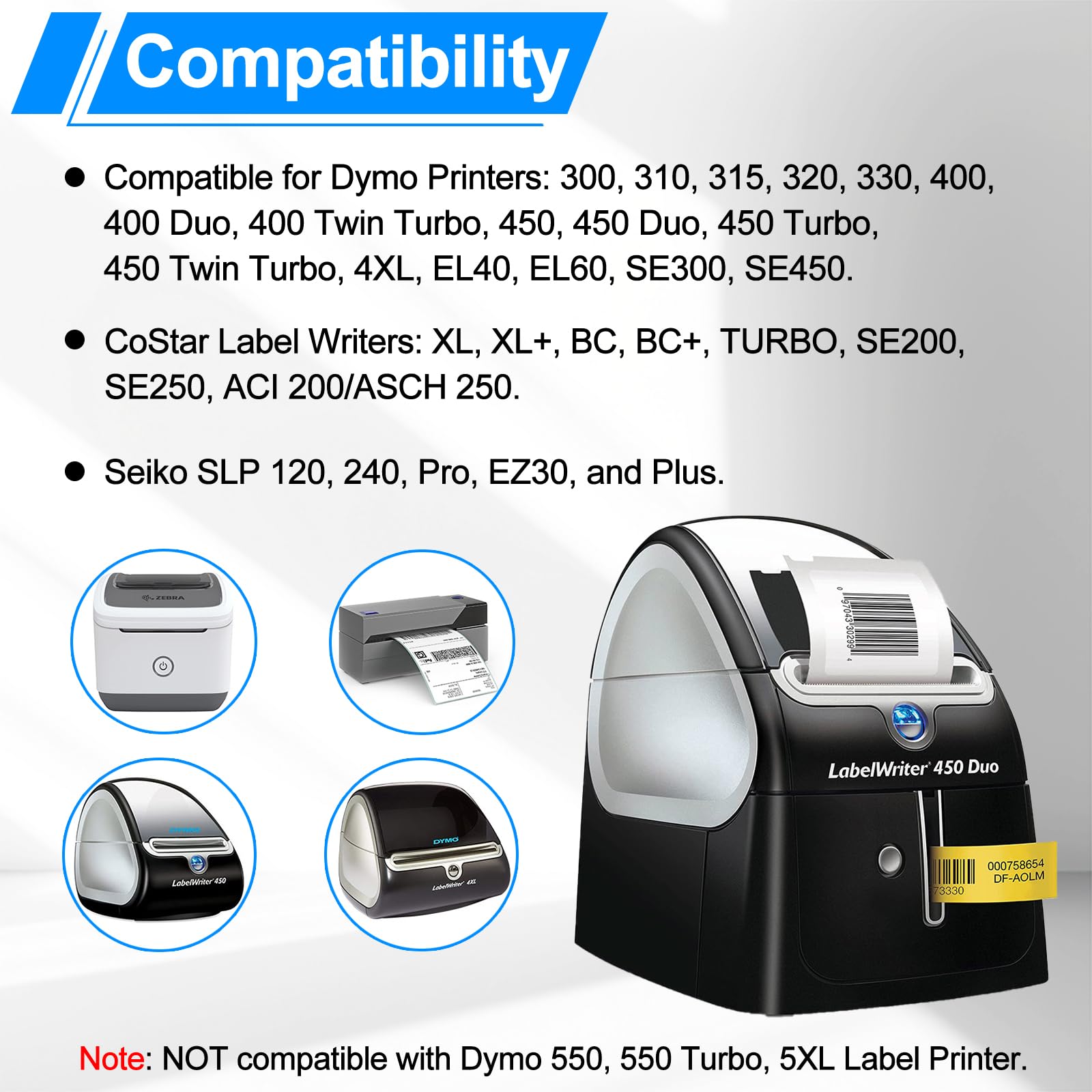 Lot De 5 Rouleaux D'étiquettes Compatibles Pour Imprimantes Dymo 11356 Labelwriter 450 450 Duo 450 Series 450 Turbo 450 Twin Turbo DUO SE 450 L Twin Turbo 11356 89 Mm X 41 Mm 300 Label Plus Serie