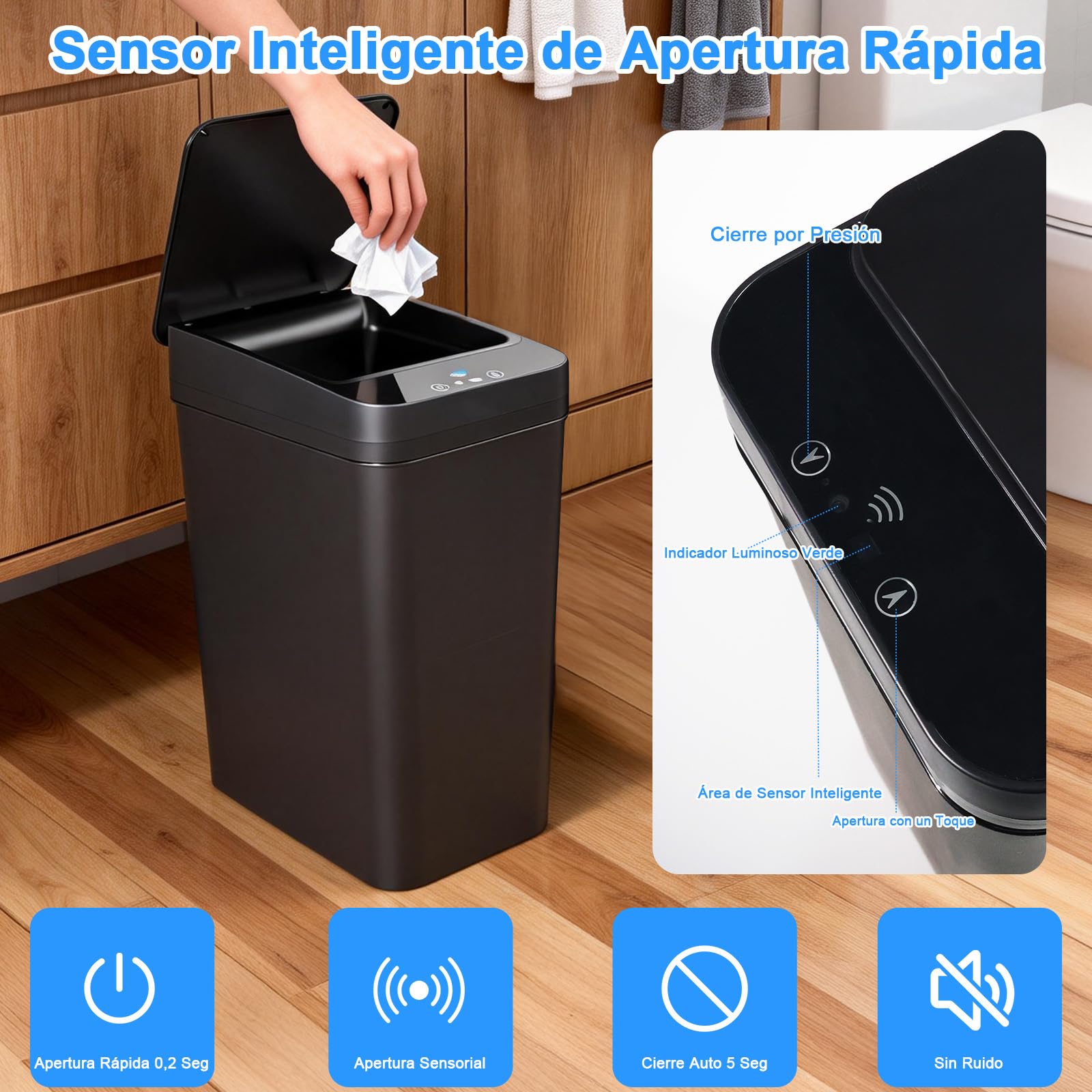 Set de 2 Cubos de Basura Automáticos (15L y 12L) con Tapa Inteligente – Cubo Basura Automático, Papelera Silenciosa e Impermeable con 3 Modos de Funcionamiento, Ideal para Cocina, Baño y Oficina Negro