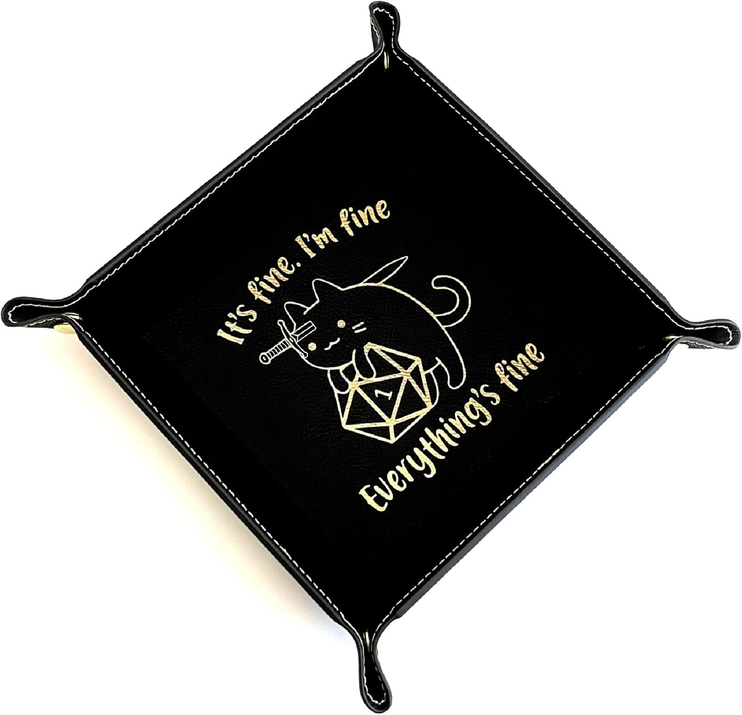 Everything is Fine SWORD Cat Dice Tray DnD, Vegan Leather, Gift, Made by LaserTavern (Black/Gold)