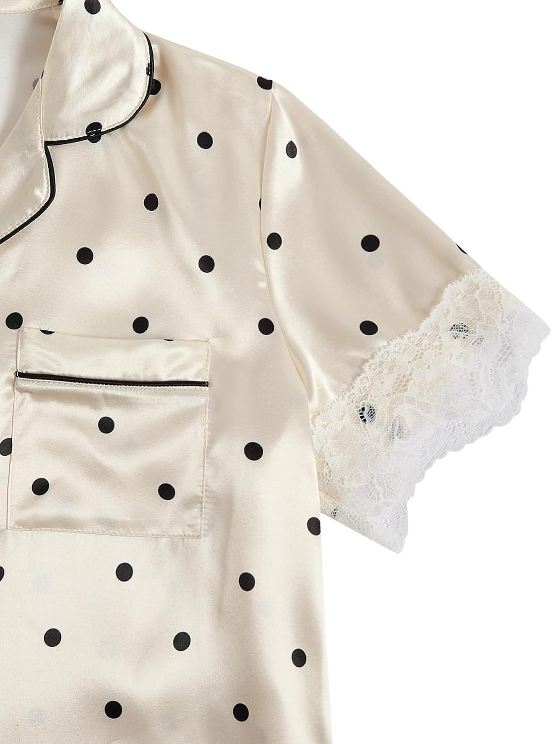 Verdusa Women's 2 Piece Pj Sets Polka Dots Satin Pajama Set Lace Lounge Sets Button Down Shirts with Shorts