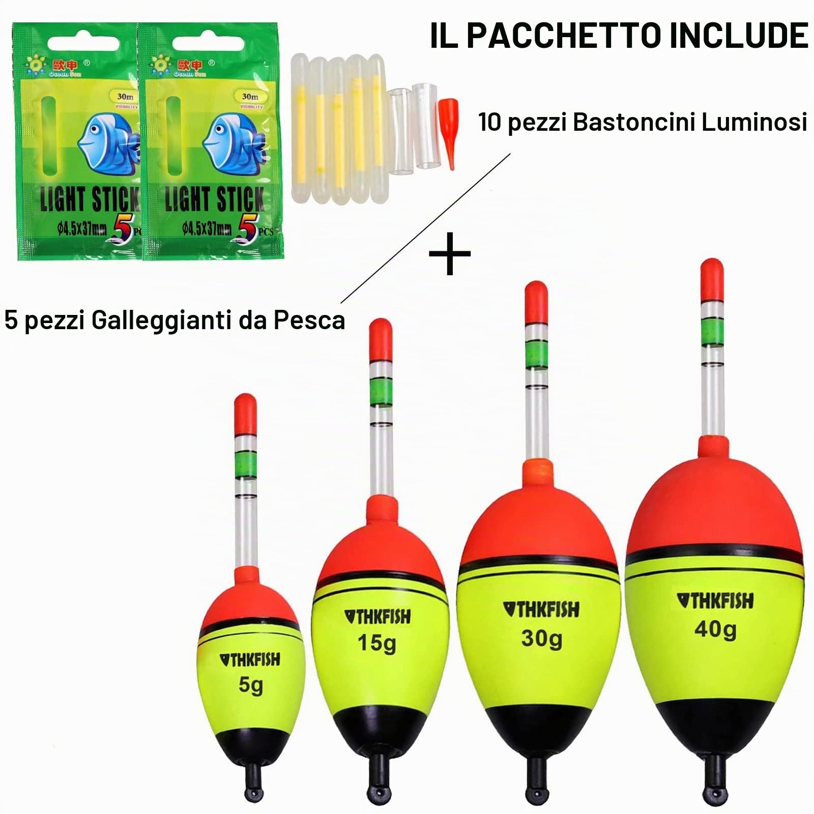 THKFISH Galleggianti da pesca Bobber da pesca luci di pesca 5 pezzi Bobber 5 g/15 g/30 g/40 g con 10 pezzi Bastoncini luminosi