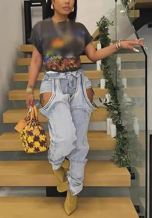 YOOTIKO Women Baggy Y2k High Waisted Wide Leg Patchwork Ripped Jeans