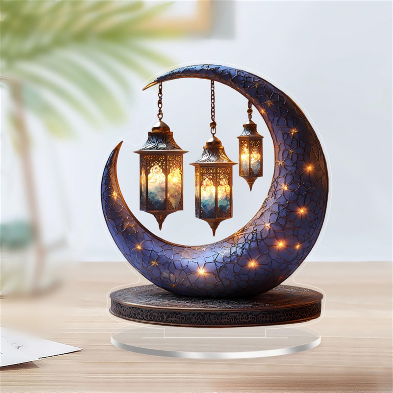Eid Mubarak Crescent Moon Table Decoration with LED Lights and Hanging Lanterns, Vintage Crescent Lantern Decorative Ornament, for Ramadan Mubarak Eid Decorations (A)