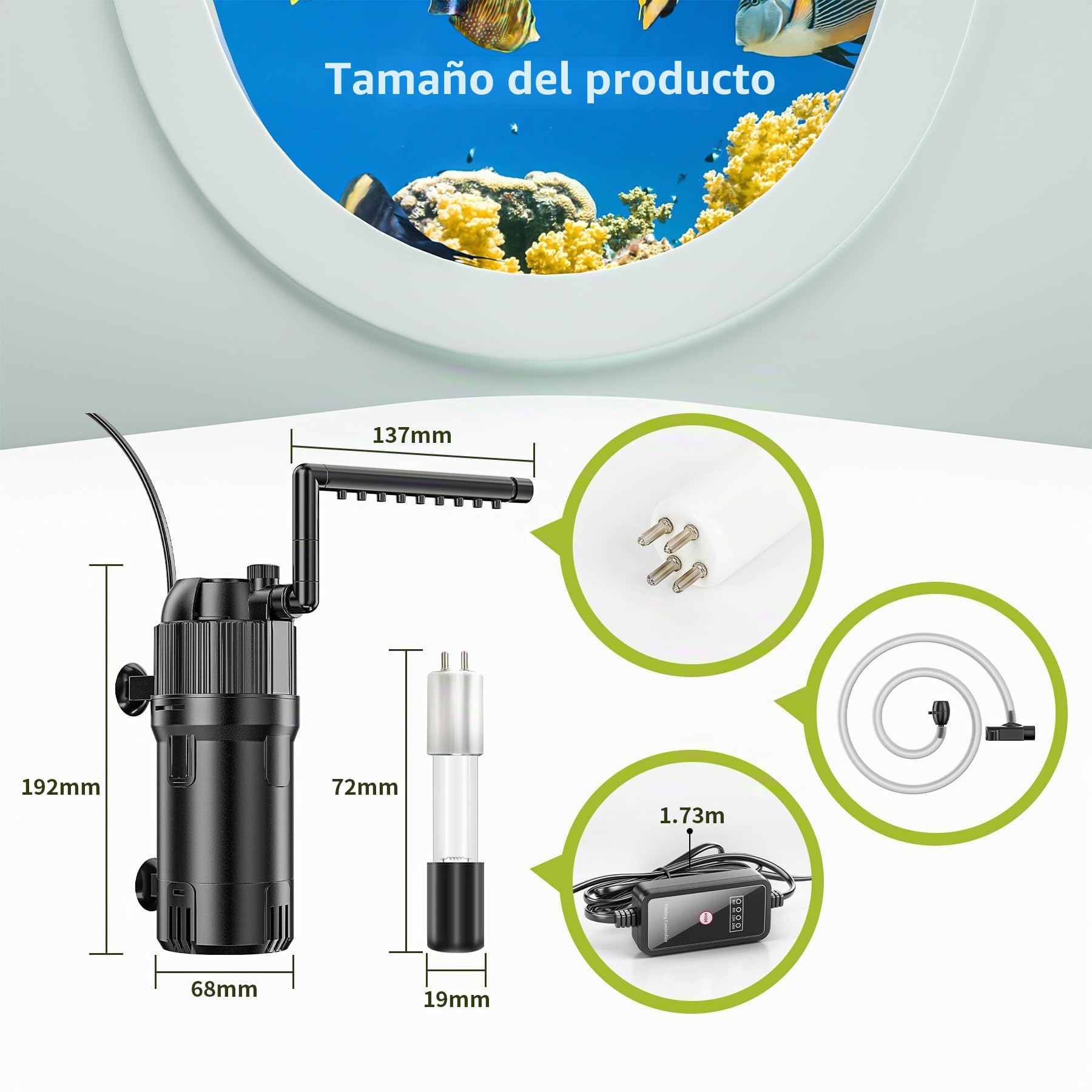 Forever Speed Filtro Acuario Interno 5 en 1, Filtro pecera con clarificador UVC de 3W, Filtro Tortugas de Agua Multifuncional 400L/h para acuarios de 20 a 100L