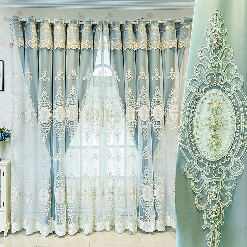 Amidoudou 1 Pair European Double Layer Curtains with Valances for Living Room Bedroom Luxury 3D Flower Embroidered Curtains (Green,66 x 90 Inch)