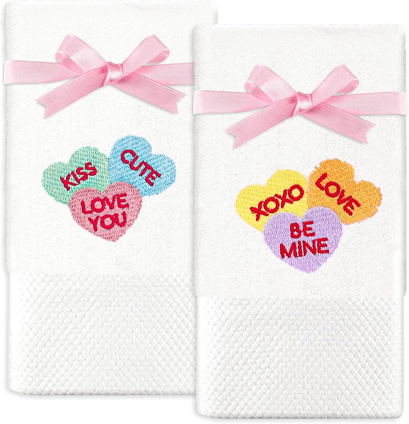FYSUIMU 2Pcs Valentine's Day Hand Towels Cotton Embroidered Conversation Heart Bathroom Towel Decorative Absorbent Bath Towels for Drying Cleaning Cooking, 29.5 x 13.7 Inch
