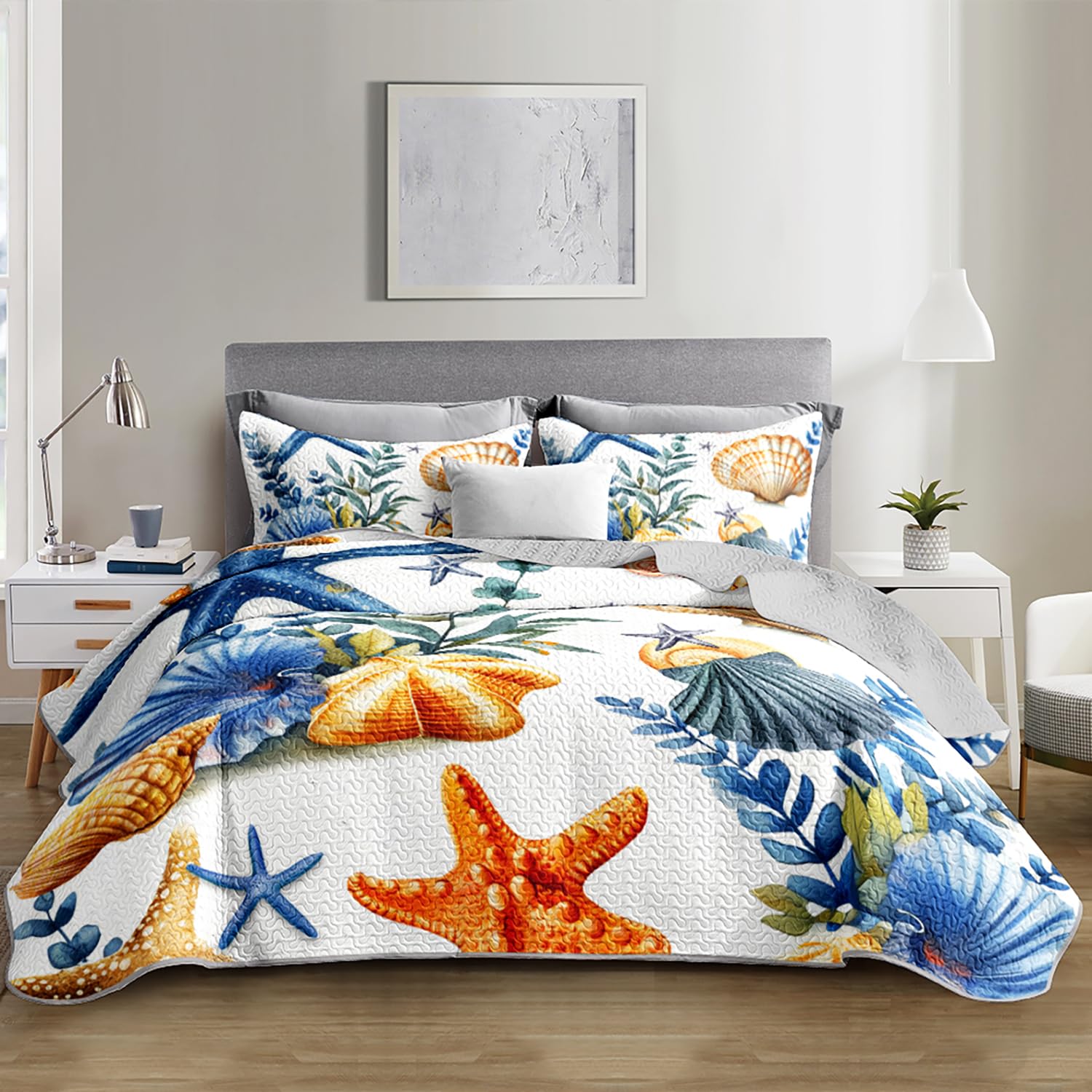 UEVBF Summer Beach Quilted Set Starfish Seashell Conch Bedding Sets Full Size,Ocean Beach Themed Quilt for Kids Girls Boys Room Decor,Lightweight Coastal Quilts with 2 Pillowcases.