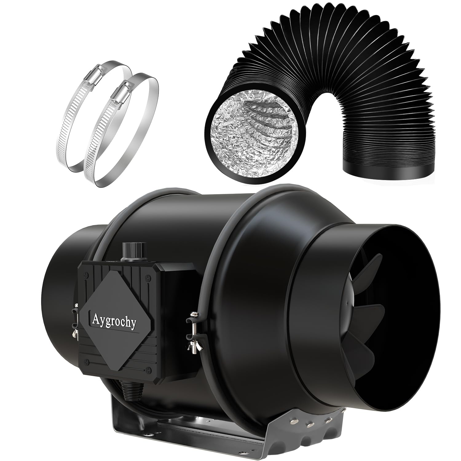 Aygrochy Regelbar Rohrventilator 150mm mit abluftschlauch, Drehstrom EC Motor Abluftventilator für Heizung, Kühlung, Booster, Wachstumszelte, Hydrokulturen, Heimgebrauch, Belüftung und Abluftgebläse.