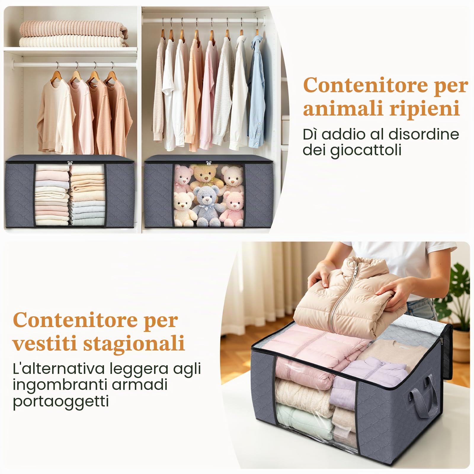 Fab totes Confezione da 6 contenitori per vestiti, pieghevoli, in tessuto spesso, per organizzare camera da letto, armadio, vestiti, piumone, organizzazione e conservazione con manico, grigio