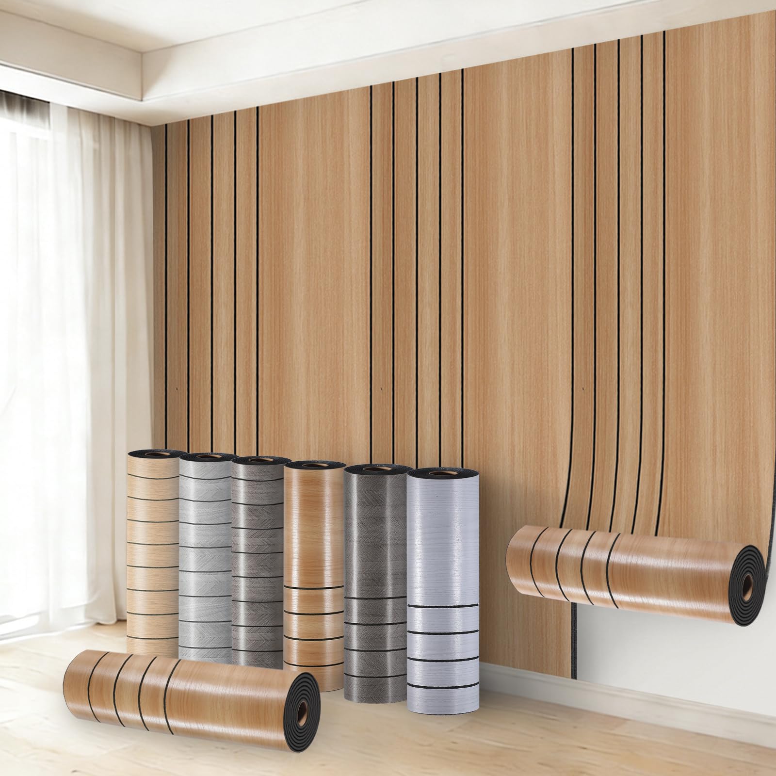 4Roll Brown Peel and Stick Wallpaper Wood Slat Textured Self Adhesive Wallpaper 3mm Thick Thermal Insulating Wall Covering Roll For Living room Bedroom Kitchen Bathroom Bad Cold Walls - Three Line