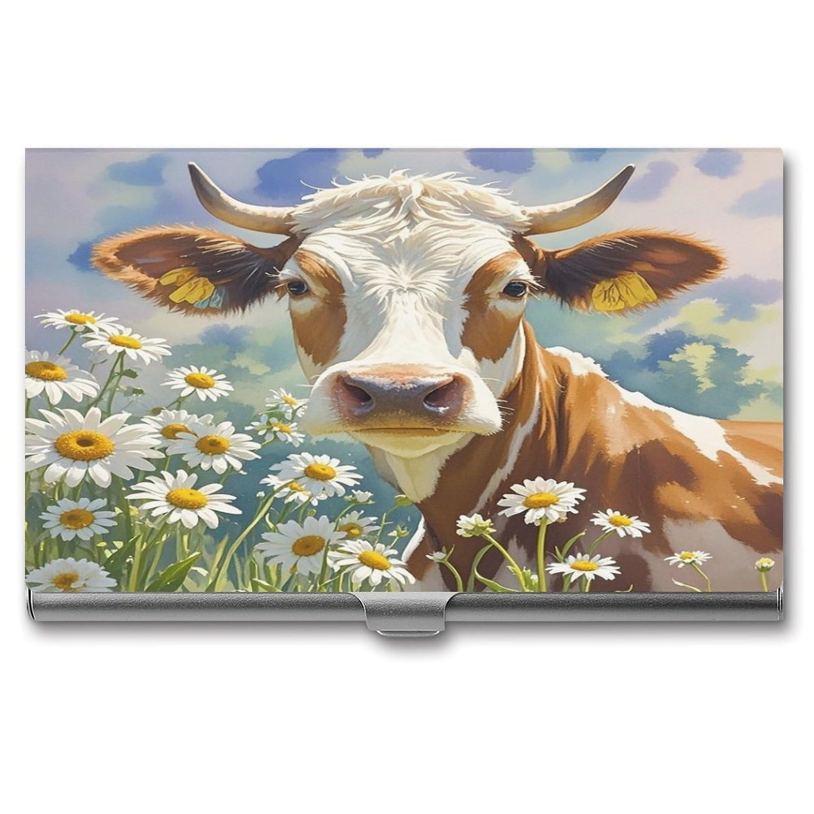 FekiLoot Watercolor Cow And Daisy Flower Business Card Holder for Men Women Metal Slim Organizer Business Card Carrier Wallet Name Cards Holder Retro Slim Pocket Purse Small Portable Card Case