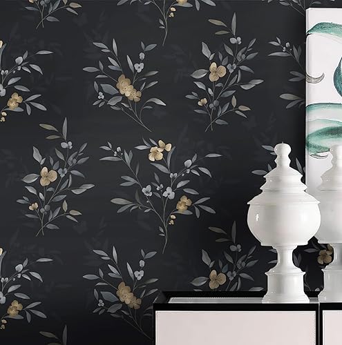 Papel tapiz floral oscuro, papel tapiz de hojas negras, papel de contacto con flores doradas, papel autoadhesivo extraíble, impermeable, papel de