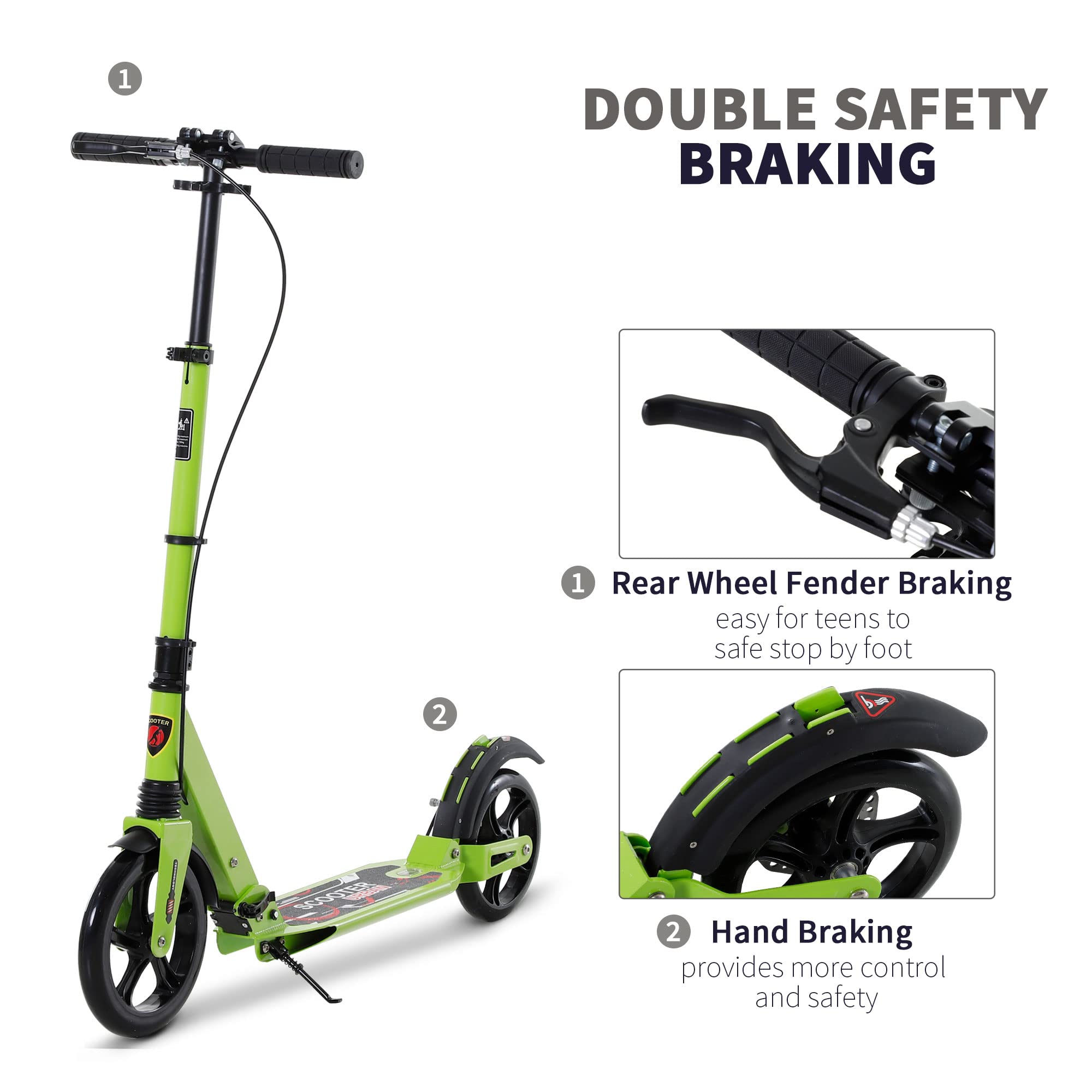 HOMCOM Patinete plegable de 2 ruedas para más de 14 adolescentes y adultos, color verde | Sistema de freno doble, suspensión doble, ruedas grandes de 230 mm, 3 manillares ajustables, hasta 100 kg