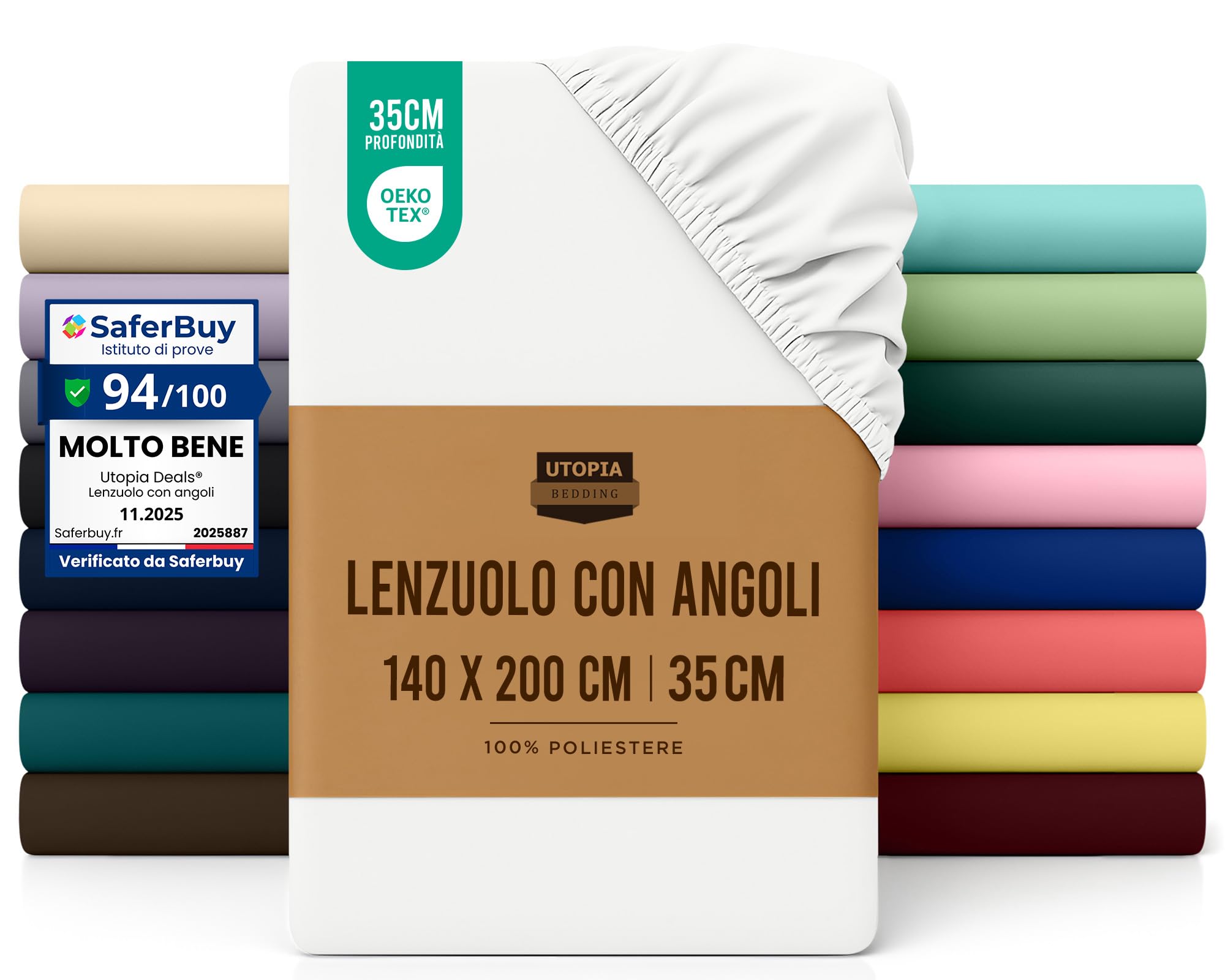 Utopia Bedding Lenzuolo con Angoli Una Piazza e Mezza Francese - 140x200cm - Bianco - Microfibra di Poliestere Spazzolato - Lenzuolo sotto con Angoli Elasticizzato