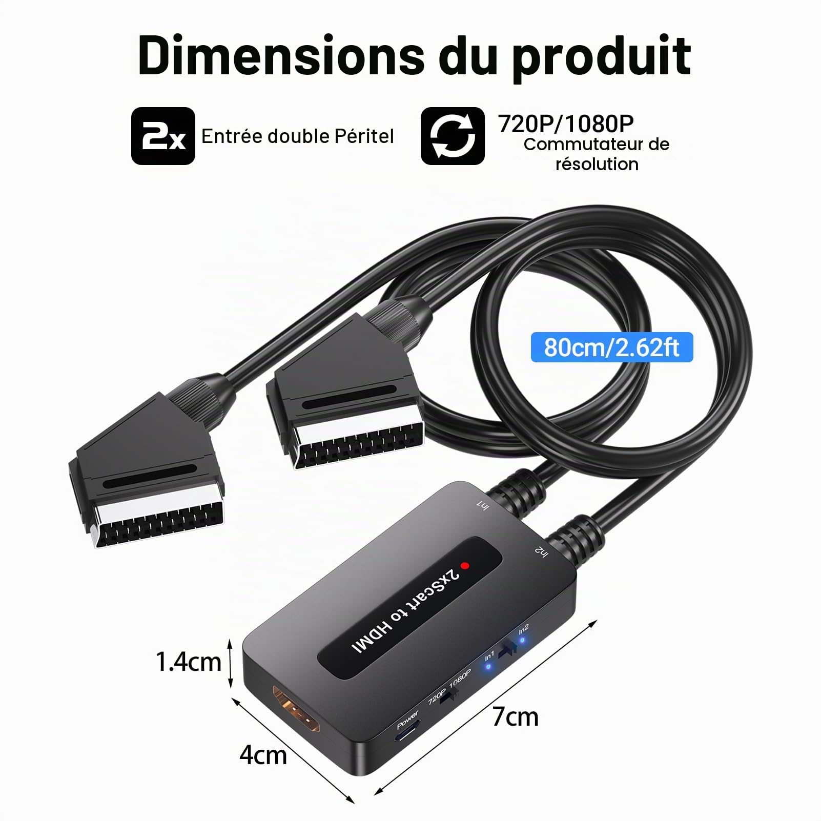 Convertisseur péritel double port vers HDMI avec commutateur de sortie 720p/1080p pour appareils péritels à afficher sur HDTV