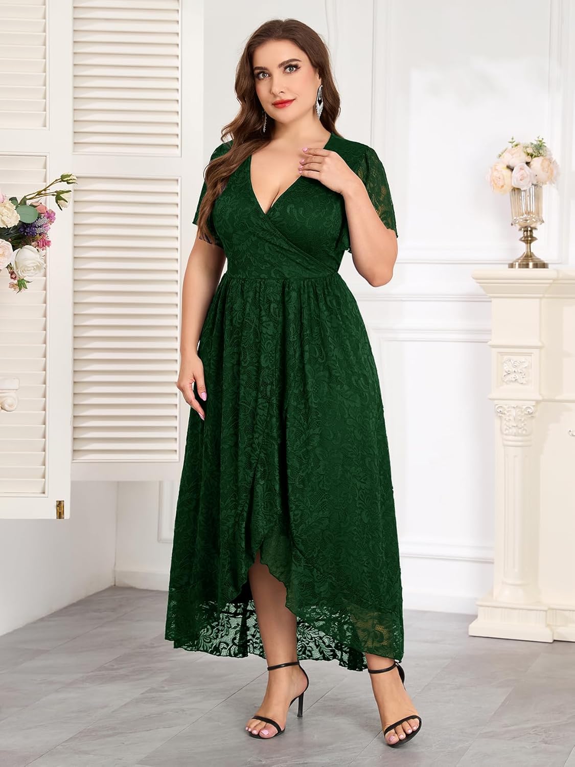 ZOMVA Plus Size Floral Lace Dress Wrap V Neck High Low Ruffle Sleeve Evening Gown Formal Dresses Wedding Guests Cocktail - Image 4