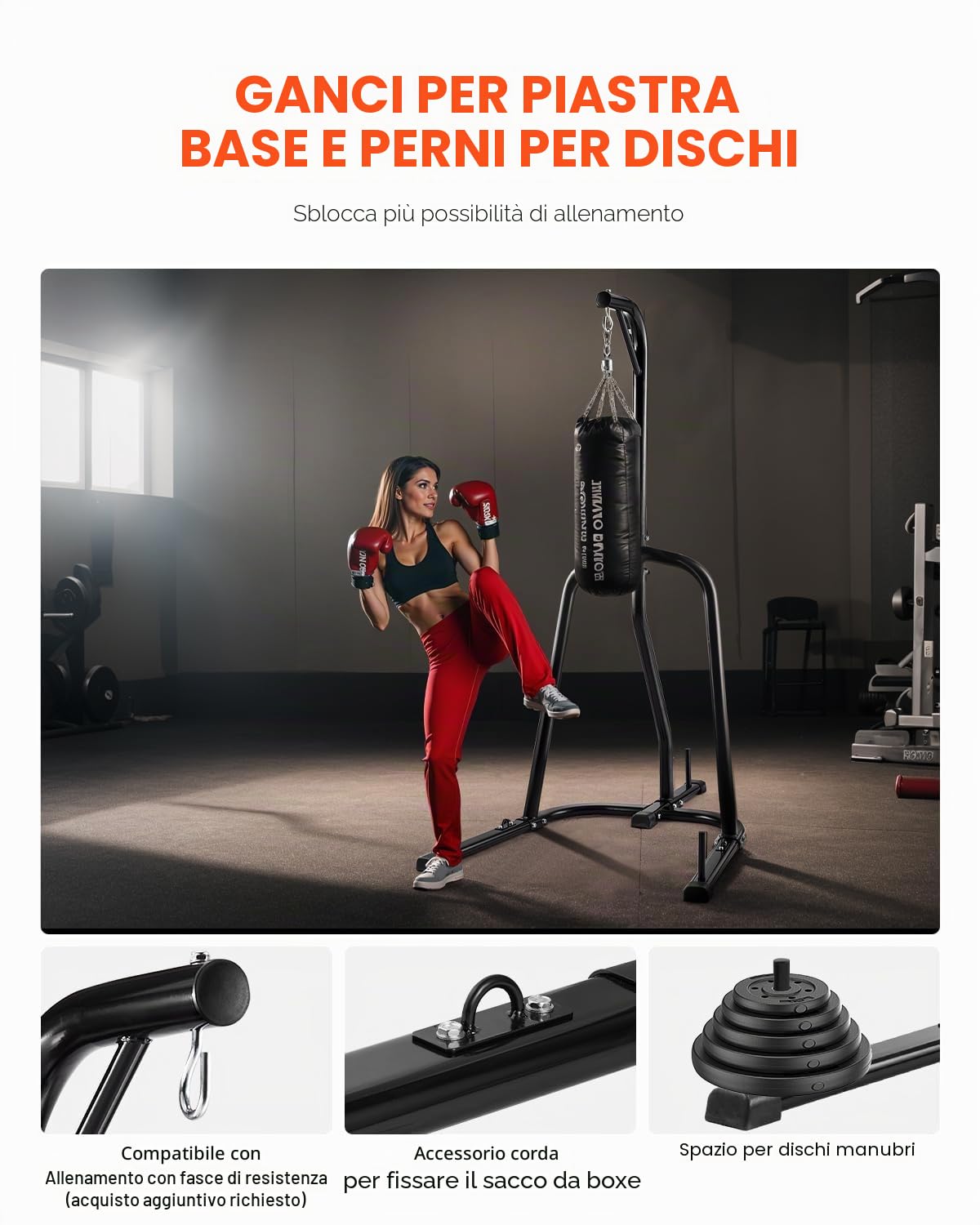 VEVOR Supporto per sacco da boxe, in acciaio resistente, attrezzatura per allenamento di allenamento, altezza regolabile, supporto da boxe con base ponderata, supporta fino a 63,5 kg, autoportante