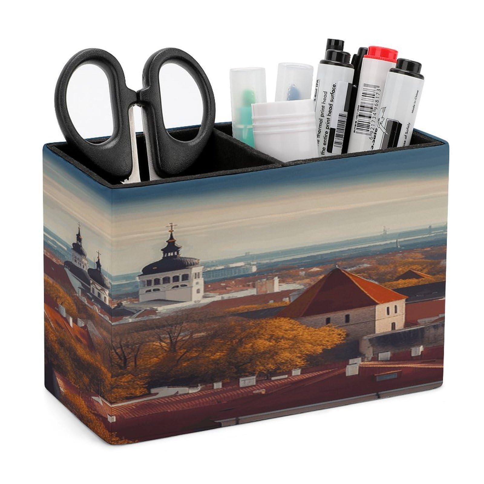 VstaDank Tallinn Estonia Cityscape Pen Holder Double Compartments Pen Cup Fashion Makeup Brush Holders Leather Pencil Holder for Work Locker Accessories Modern Pencil Cup for Desk Organizer
