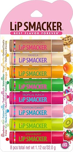 Lip Smacker Original & Best Holiday Flavored Lip Balm Party Pack, Oatmeal Cookie, Vanilla, Mango, Watermelon, Tropical Punch, Cotton Candy, Kiwi, Strawberry, Clear - Oatmeal Cookie, Vanilla, Mango, Watermelon, Tropical Punch, Cotton Candy, Kiwi, Strawberry - 1 Count (Pack of 8)