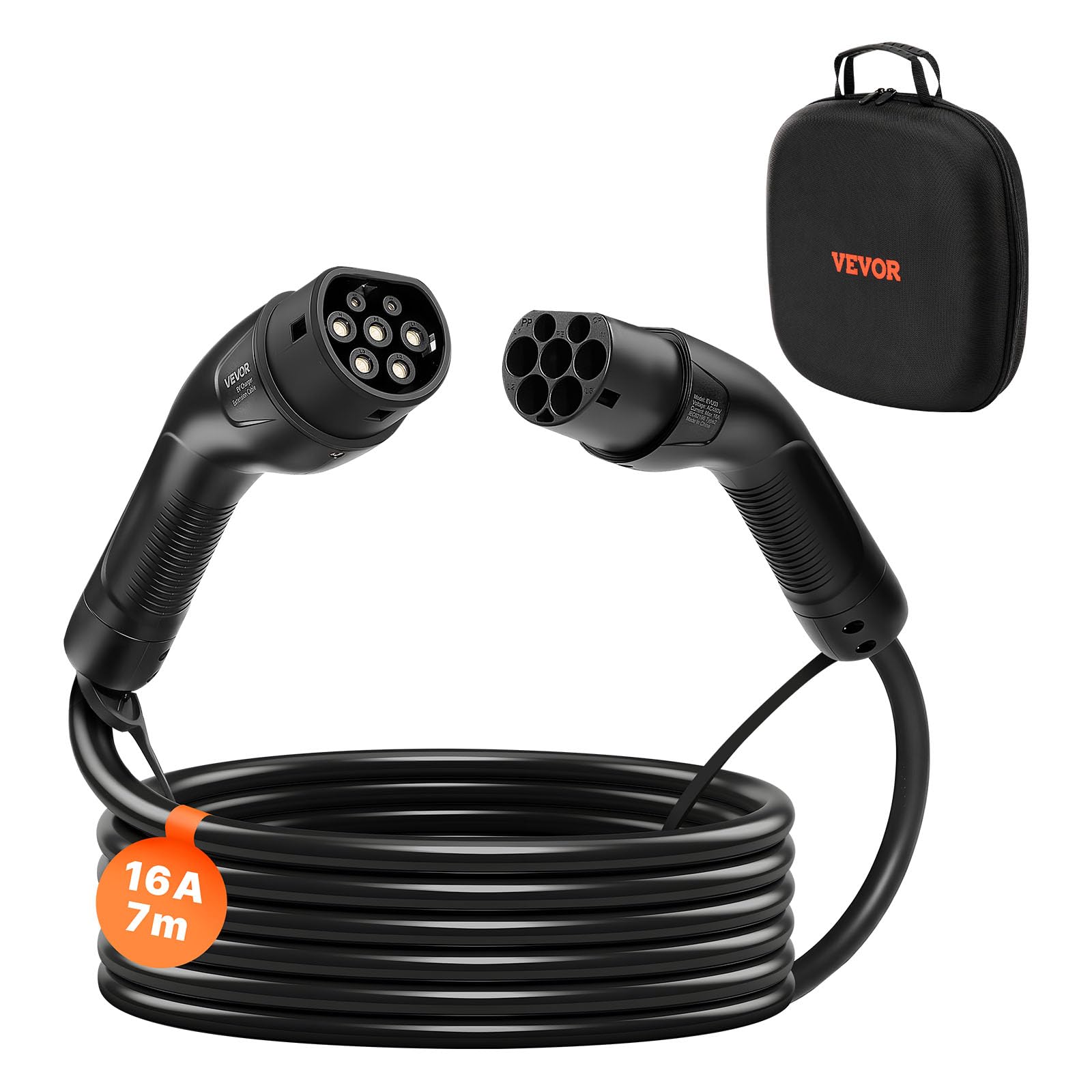 VEVOR Câble Recharge Voiture Électrique Type 2, 16 A, 7 m, 11 KW, Câble de Charge Compatible avec Chargeurs de Véhicules Électriques de Type 2, Triphasé CA 480 V, 50 Hz, IP65, avec Sac de Transport