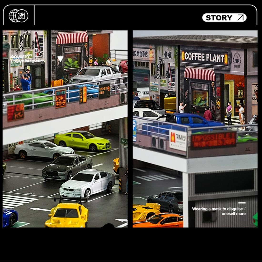 Skala 1/64 parkingu, myjnia samochodowa, model sceniczny ze światełkami, budynek dioramy, miniaturowy domek dla lalek (figurki i modele samochodów nie wchodzą w zakres dostawy)