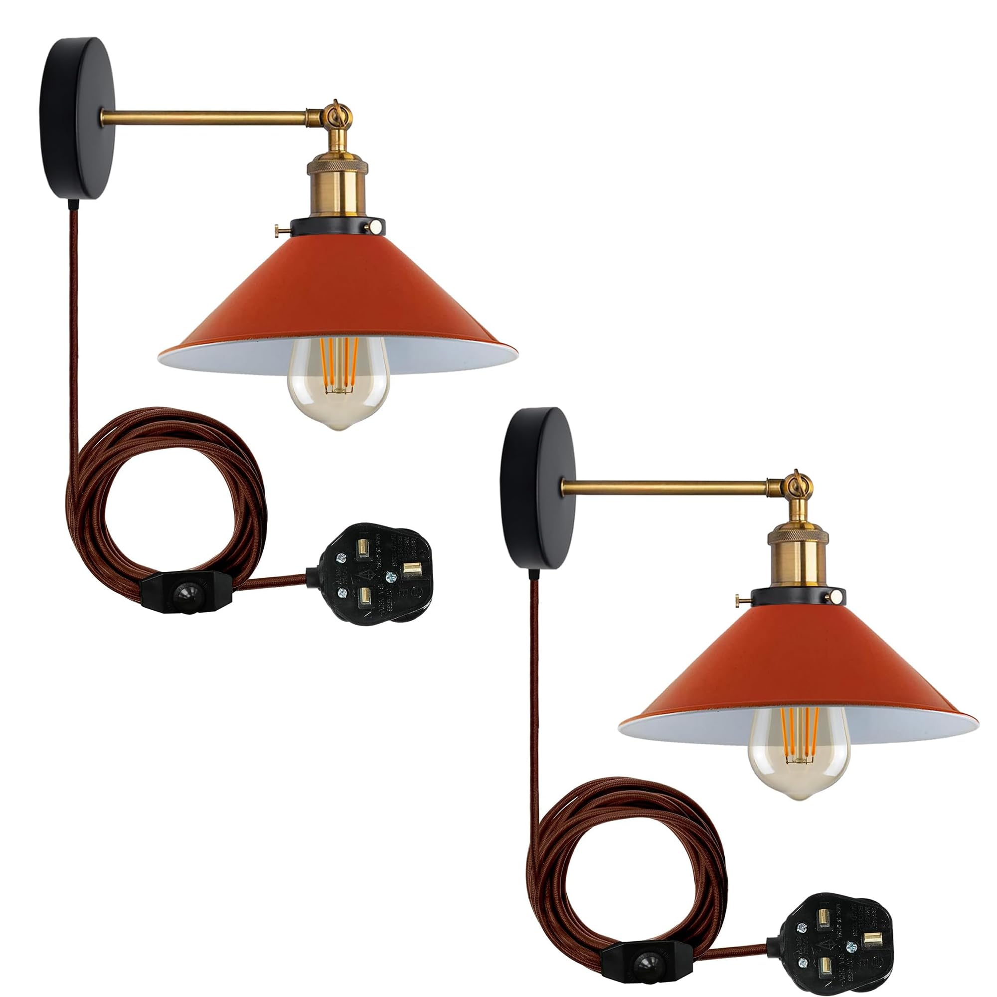LEDSone 2 Pack of Retro Industrial Wall Light Plug in Wall Lamp Metal Cone Shape Shade Indoor Light Fitting with Dimmer Switch for Bedroom Hallway Restaurants (Orange 2 Pack, with Bulb)