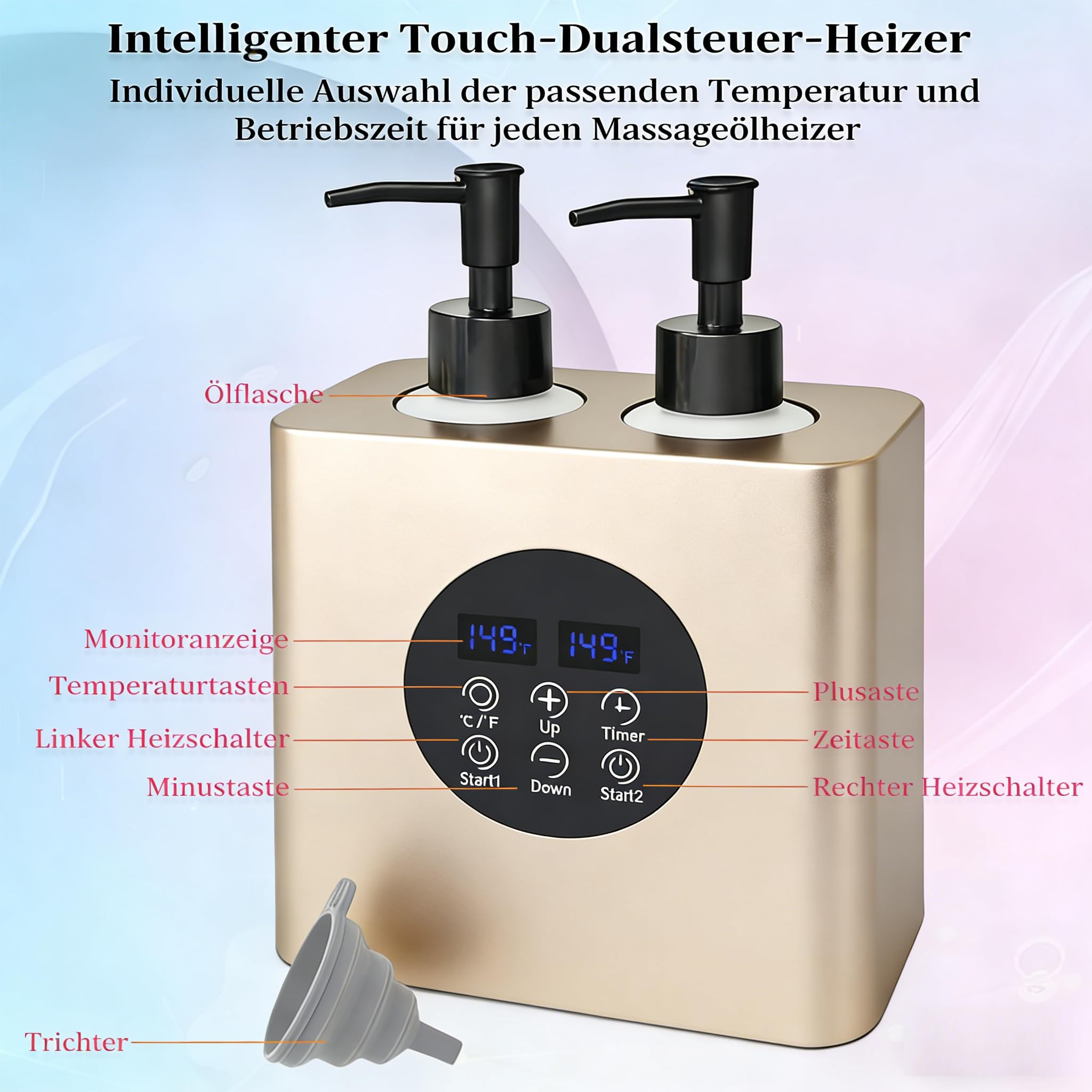 Professioneller Doppelflaschen Massageöl Wärmer mit 4 Flaschen, Einstellbare Temperatur 30–65°C & Timer 0,5–24H für Spa (Champagnergold)