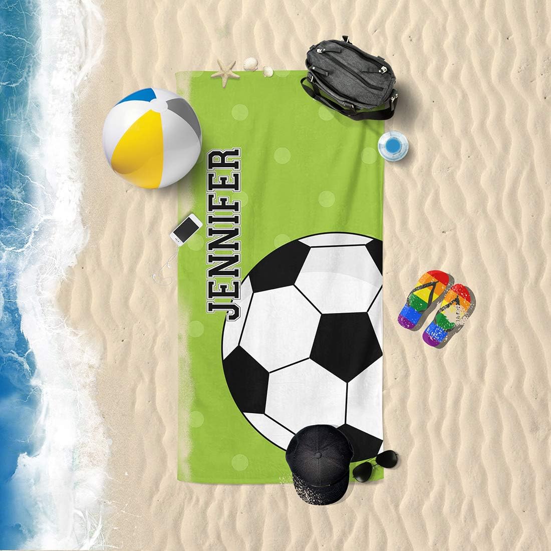 Personalized Beach Towels for Women Kids Girls Boys Adults Men. Custom Name Beach Towel with Name Mermaid Flamingo Pineapple Shark Honeymoon Basketball Baseball Summer Gifts (Soccer, 30" x 60")