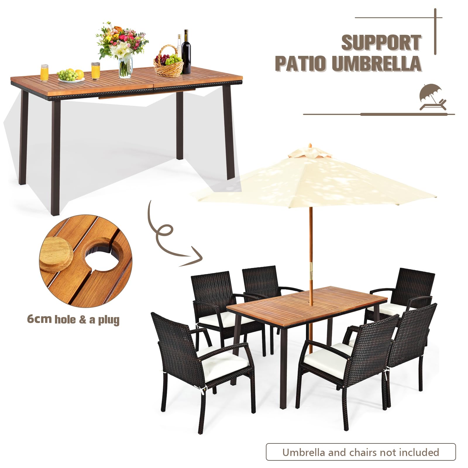 KOMFOTTEU Tavolo da Giardino Rettangolare con Foro per Ombrellone, Tavolo da Esterno in Legno di Acacia, Tavolo da Pranzo con Gambe in Metallo per 6-8 Persone, 140 x 75 x 76 cm