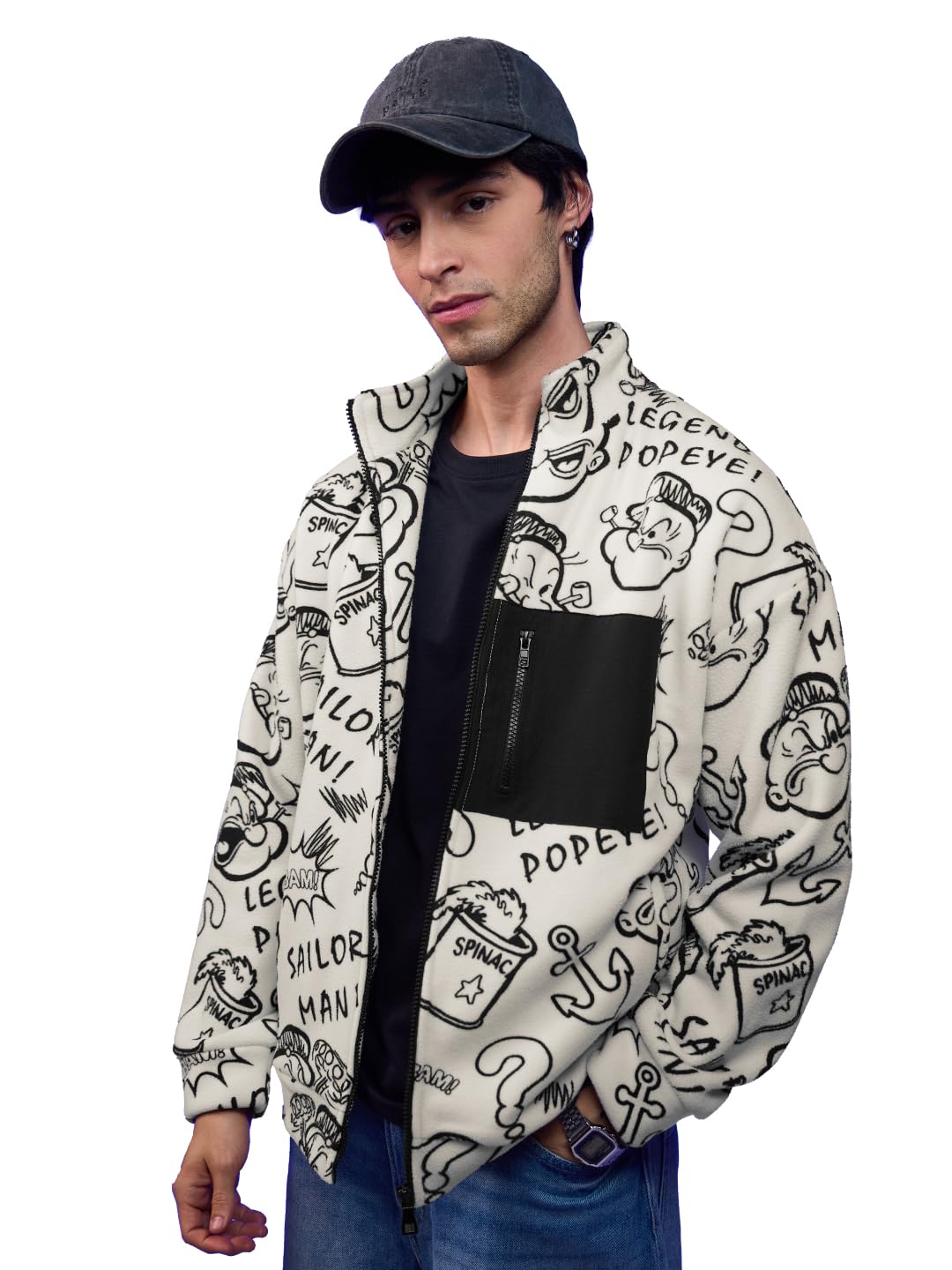 Popeye: Sailor Style Men and Boys Long Sleeves Stand Collar Zipper Front All Over Printed Cotton Blend Oversized Jackets-image-25