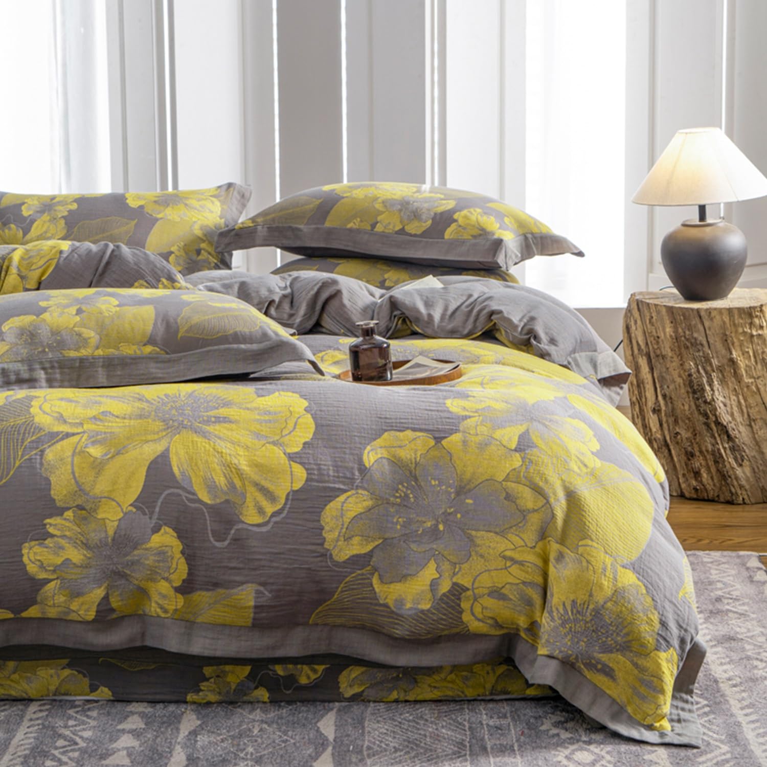 Housse de couette 100% coton parure de lit 4 pièces fleurs réversible 2x2m