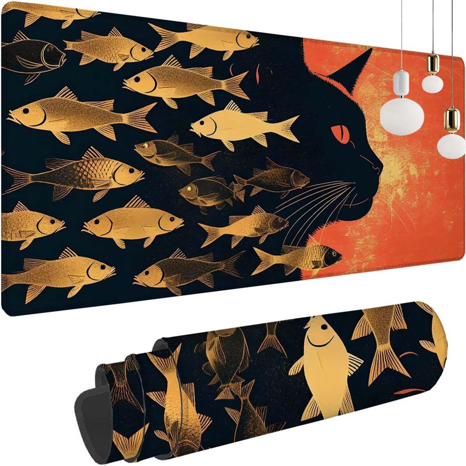 Alfombrilla Ratón Gato Pez Alfombrilla Ratón XXL 1400x600x3mm Mouse Pad Resiste Salpicaduras, Extendida de Gran Tamaño con Bordes Cosidos, Mejora Precisión y Velocidad, Antideslizante, Duradera y-351