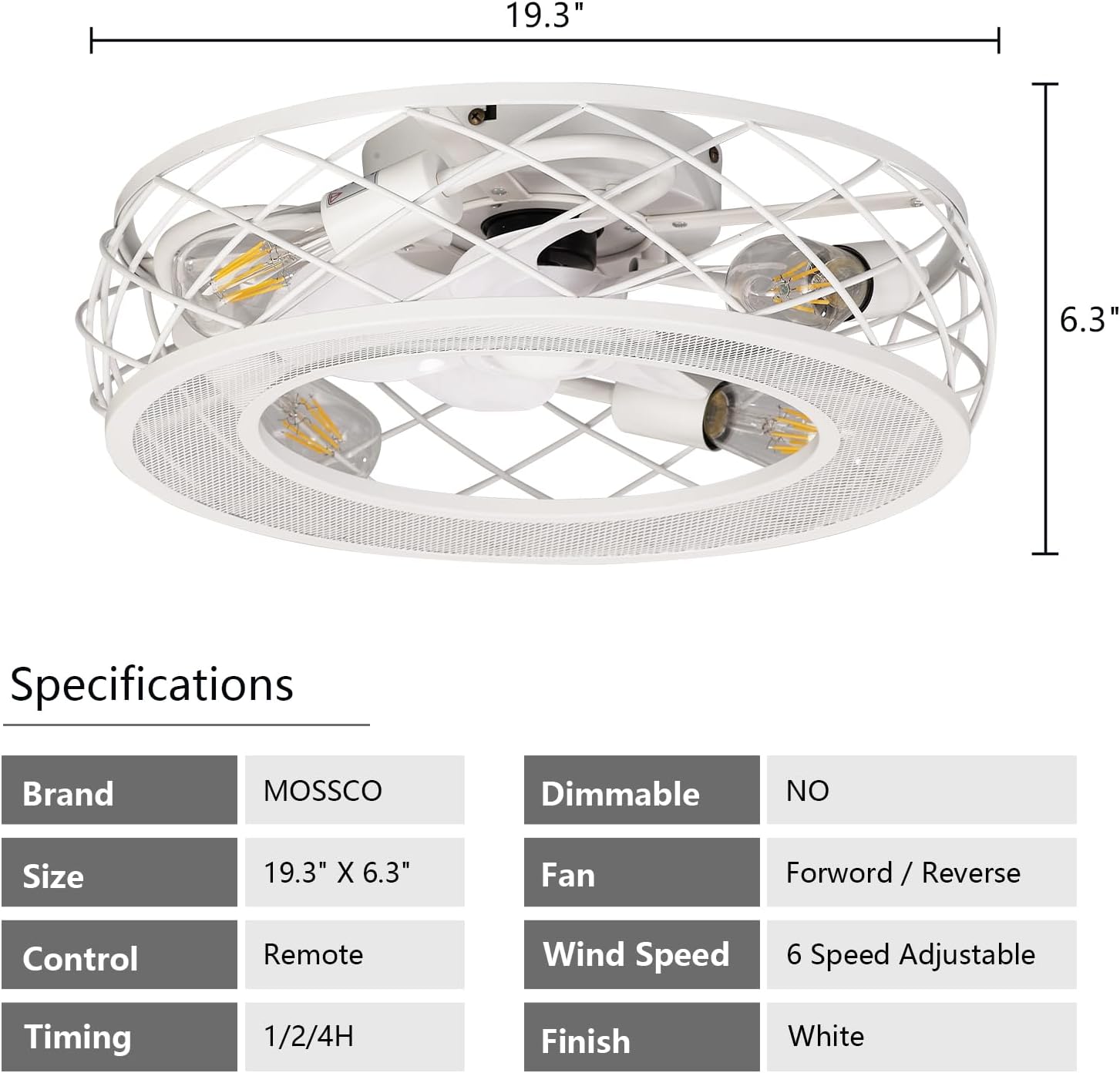 20 Inch White Low Profile Caged Ceiling Fan with Light and Remote, Flush Mount, Noiseless DC Motor, Reversible, 6 Speed with Timer, Rustic Bladeless Cage Design for Bedroom Kitchen Dining Room