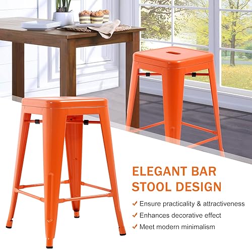 Miniatura 4 de Juego de 4 taburetes de bar de metal, apilables, altura de mostrador, 24 pulgadas, para interiores y exteriores, taburete de bar sin espalda, Naranja