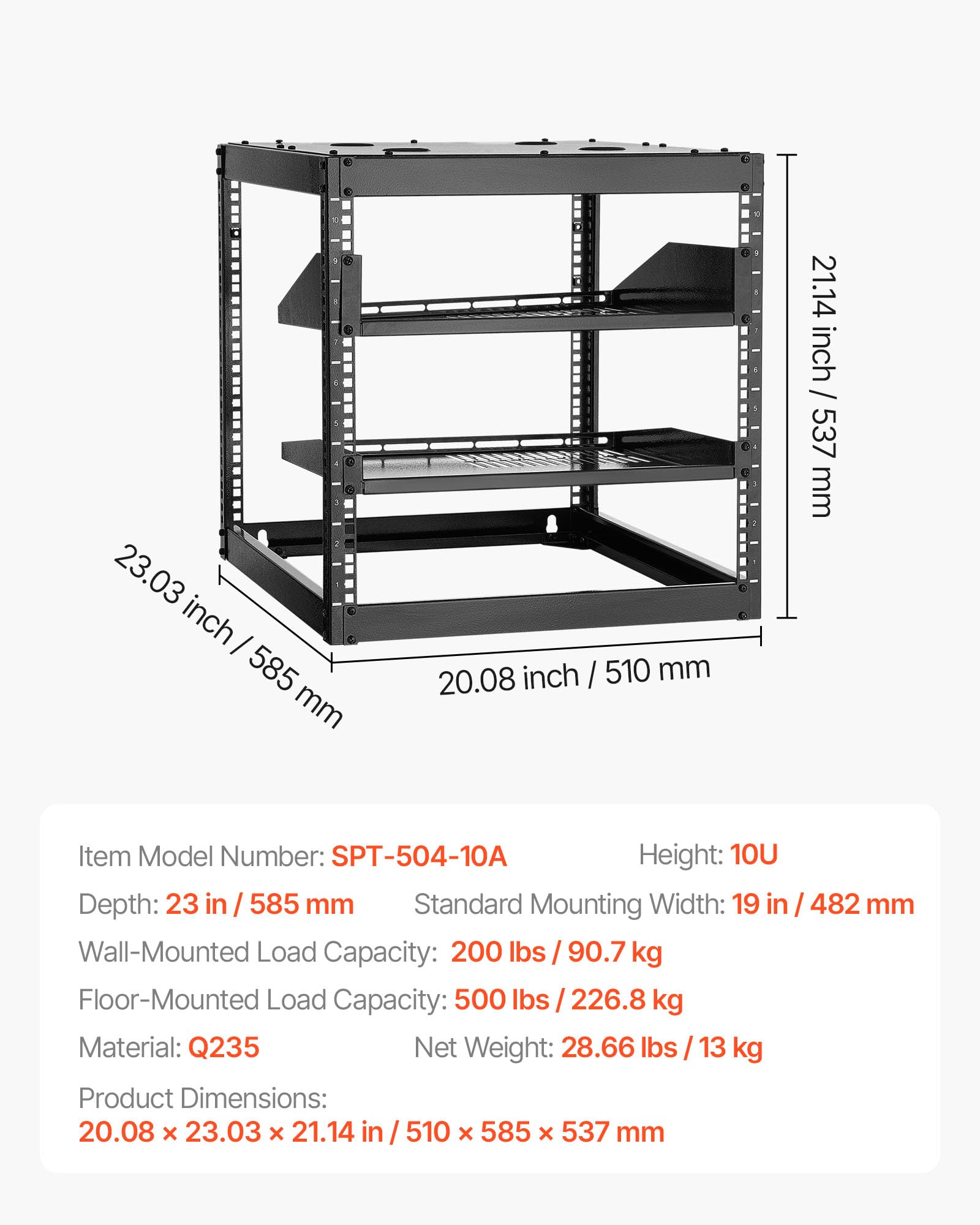 Diagram showing the dimensions of the VEVOR 10U Server Rack: 23.03 inches depth, 20.08 inches width, 21.14 inches height.