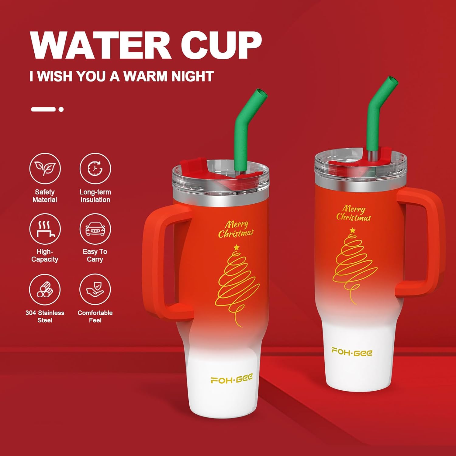 FOHGEE Christmas Style 30oz Stainless Steel Tumbler with Handle - Keep Drinks Cold & Hot All Season! (Red Tree) - Image 2