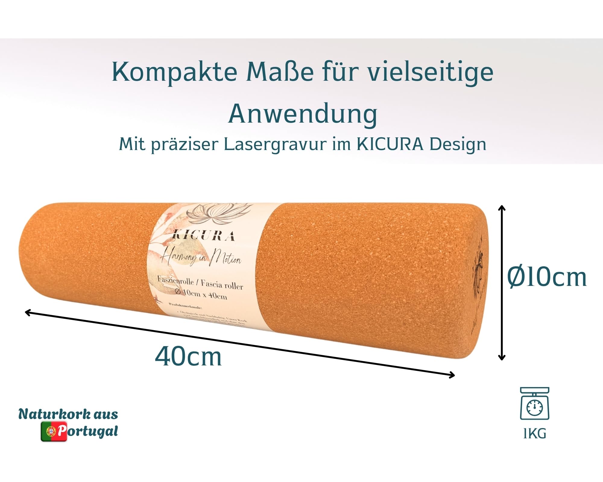 Kork Faszienrolle aus Naturkork, 40 cm lang, Ø 10 cm, hart, für Faszienmassage, Yoga und Pilates