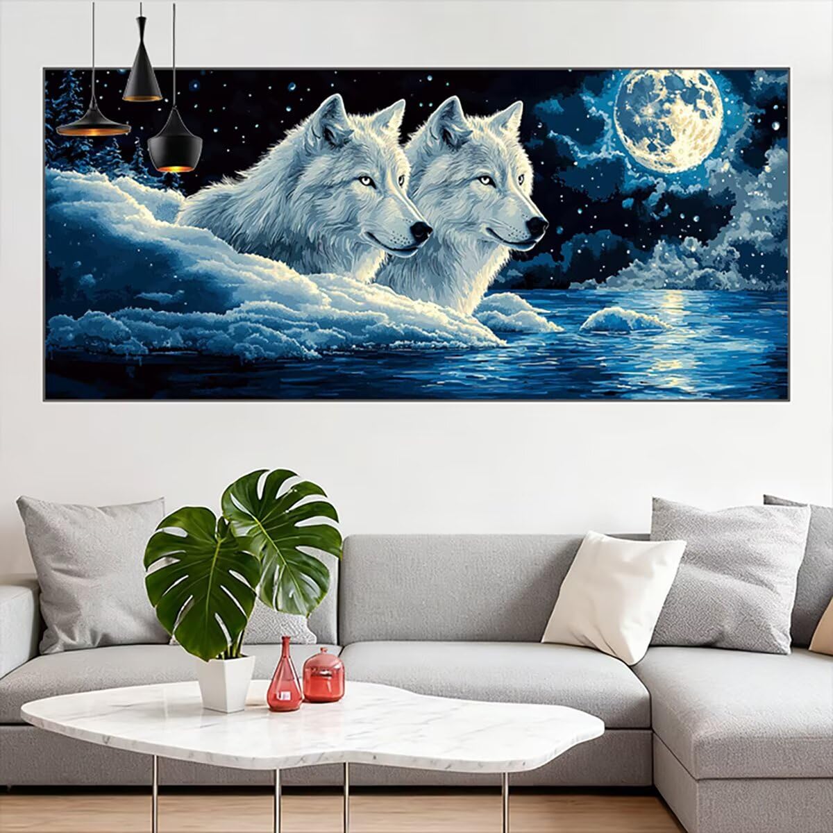 Wolf Diamond Painting Groß XXL 220x100cm, Diamant Painting Bilder Mond Muster, DIY Set Erwachsene mit Eckige Steine, Kreativ Set für Erwachsene, Herbstdeko, Geschenke für Frauen Weihnachtsdeko B-1