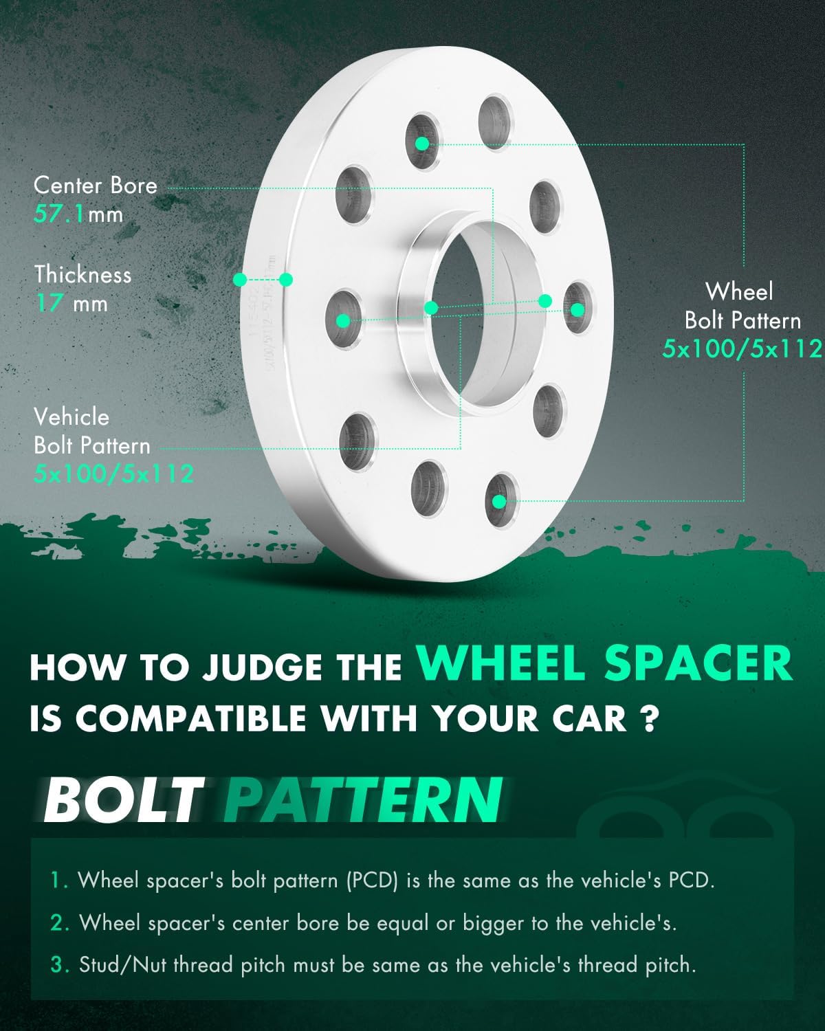 SCITOO 4Pcs 5x100/5x112 Wheel Spacers 17mm Center Bore 57.1mm Studs 14x1.5 5 Lug Wheel Spacers Fit for Volkswagen for TIGUAN for Volkswagen Beetle for Cabrio CC Eos EuroVan for Golf for Golf City
