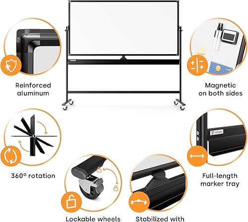 Vista 58 de Pizarra blanca magnética grande, giratoria y portátil de borrado en seco, con soporte, de doble cara, estilo caballete, con ruedas, de pie